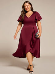 Fashionable V-Neck A-Line Satin Wedding Guest Dress with Ruffles