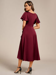 Fashionable V-Neck A-Line Satin Wedding Guest Dress with Ruffles