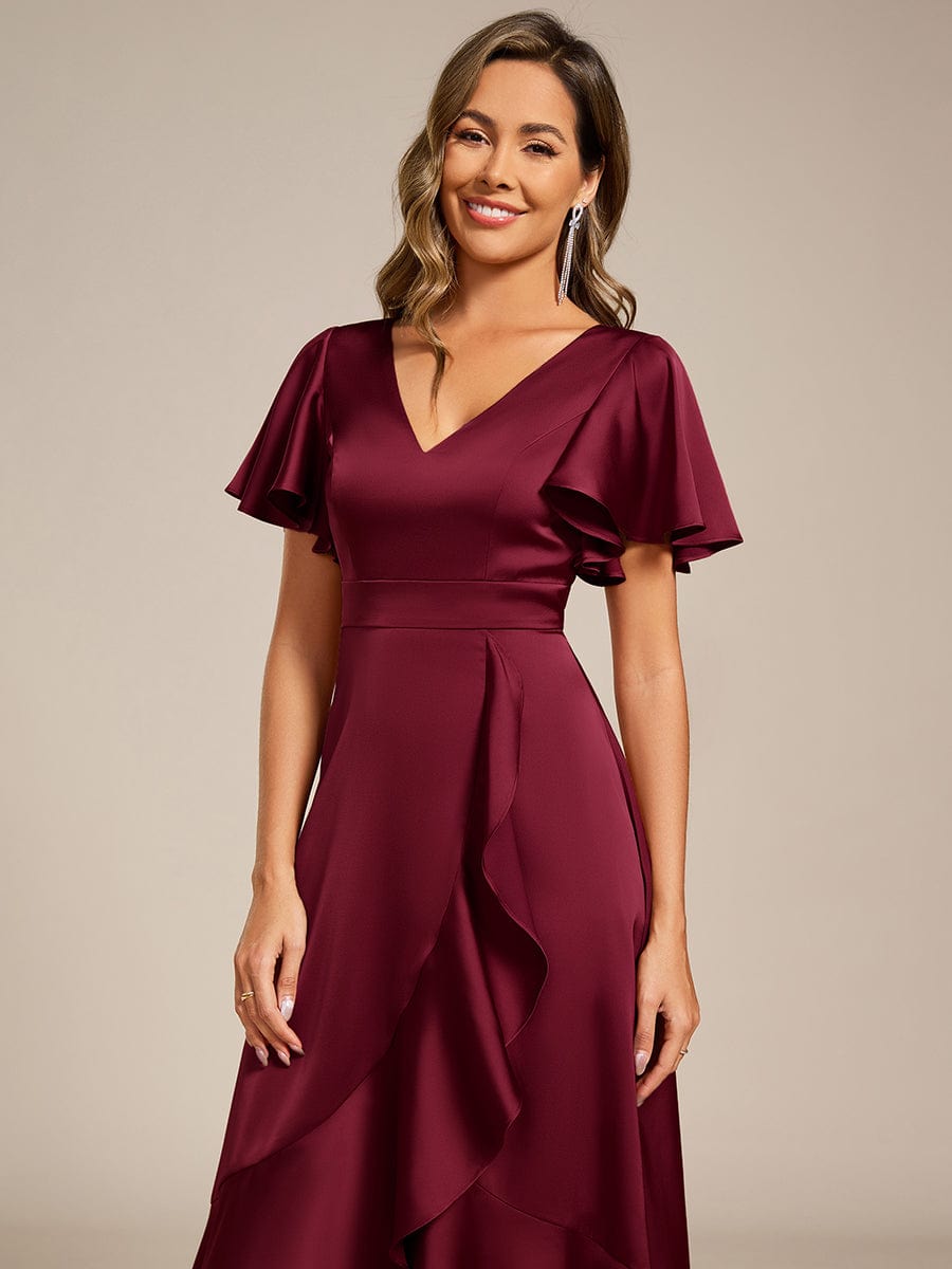 Fashionable V-Neck A-Line Satin Wedding Guest Dress with Ruffles