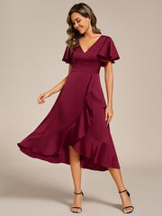 Fashionable V-Neck A-Line Satin Wedding Guest Dress with Ruffles