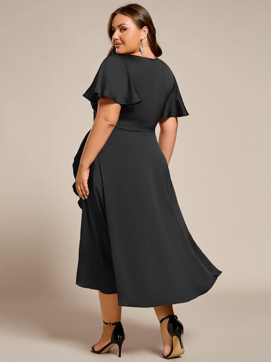 Gentle Plus Size A-Line Satin Midi Wedding Guest Dress with Short Sleeves