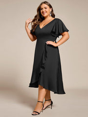 Gentle Plus Size A-Line Satin Midi Wedding Guest Dress with Short Sleeves