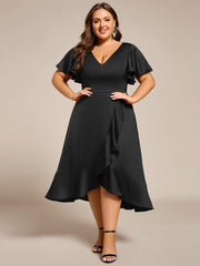 Gentle Plus Size A-Line Satin Midi Wedding Guest Dress with Short Sleeves
