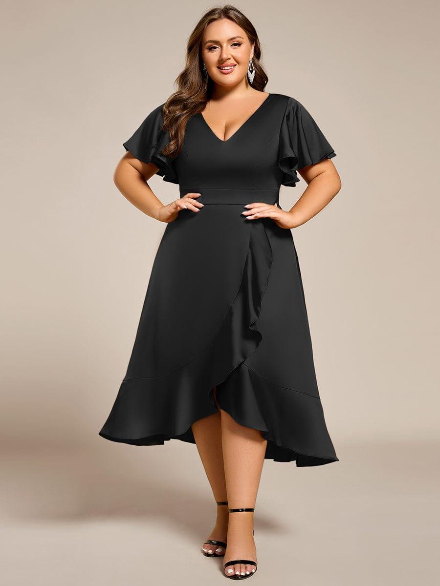 Gentle Plus Size A-Line Satin Midi Wedding Guest Dress with Short Sleeves