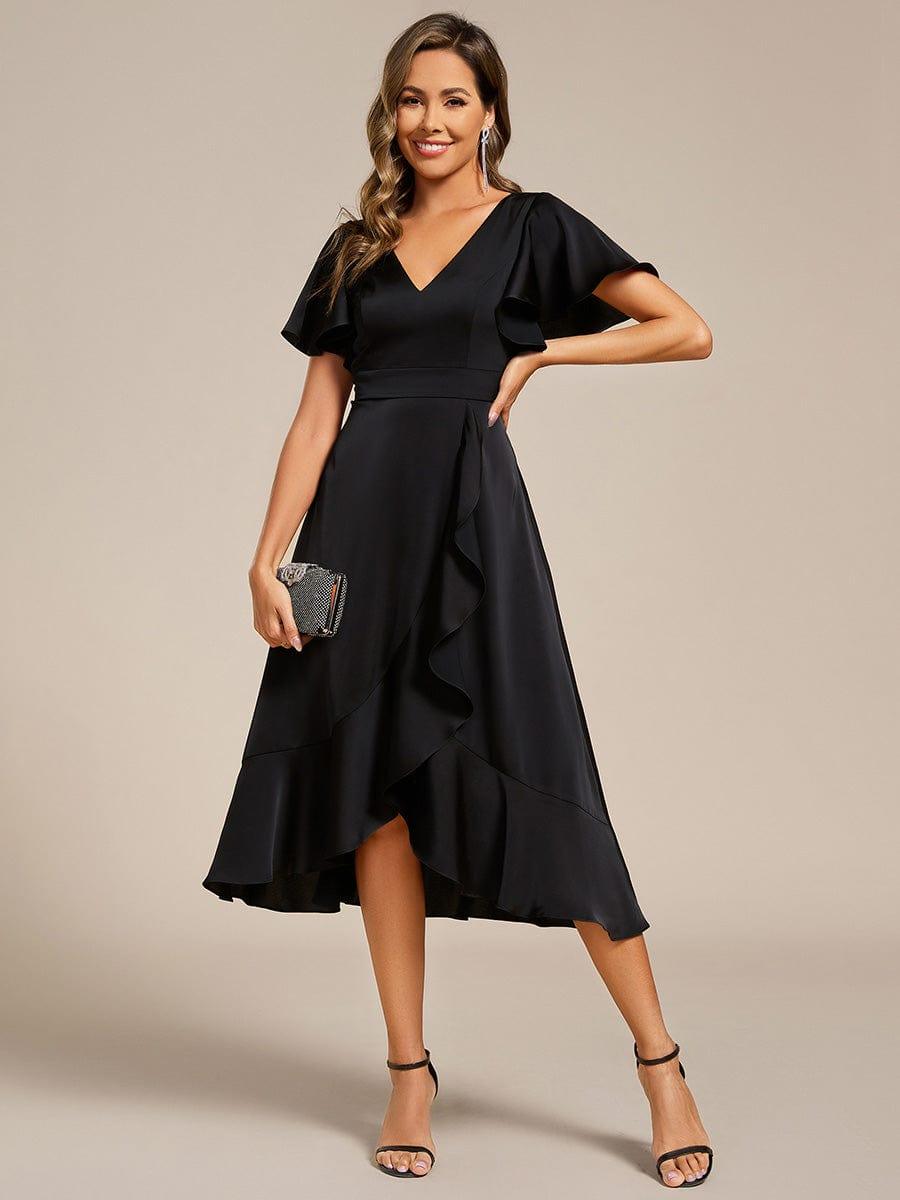 Fashionable V-Neck A-Line Satin Wedding Guest Dress with Ruffles
