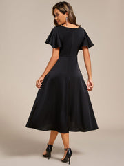 Fashionable V-Neck A-Line Satin Wedding Guest Dress with Ruffles