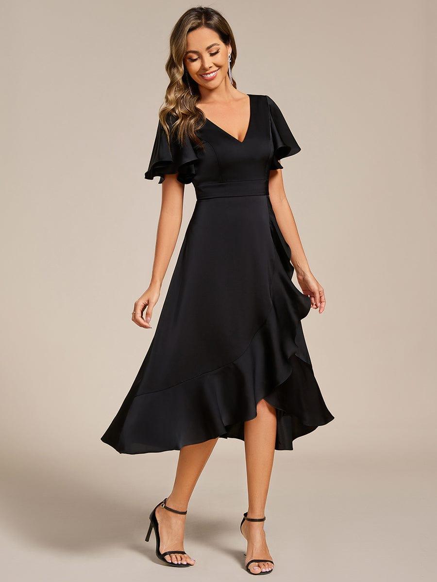 Fashionable V-Neck A-Line Satin Wedding Guest Dress with Ruffles