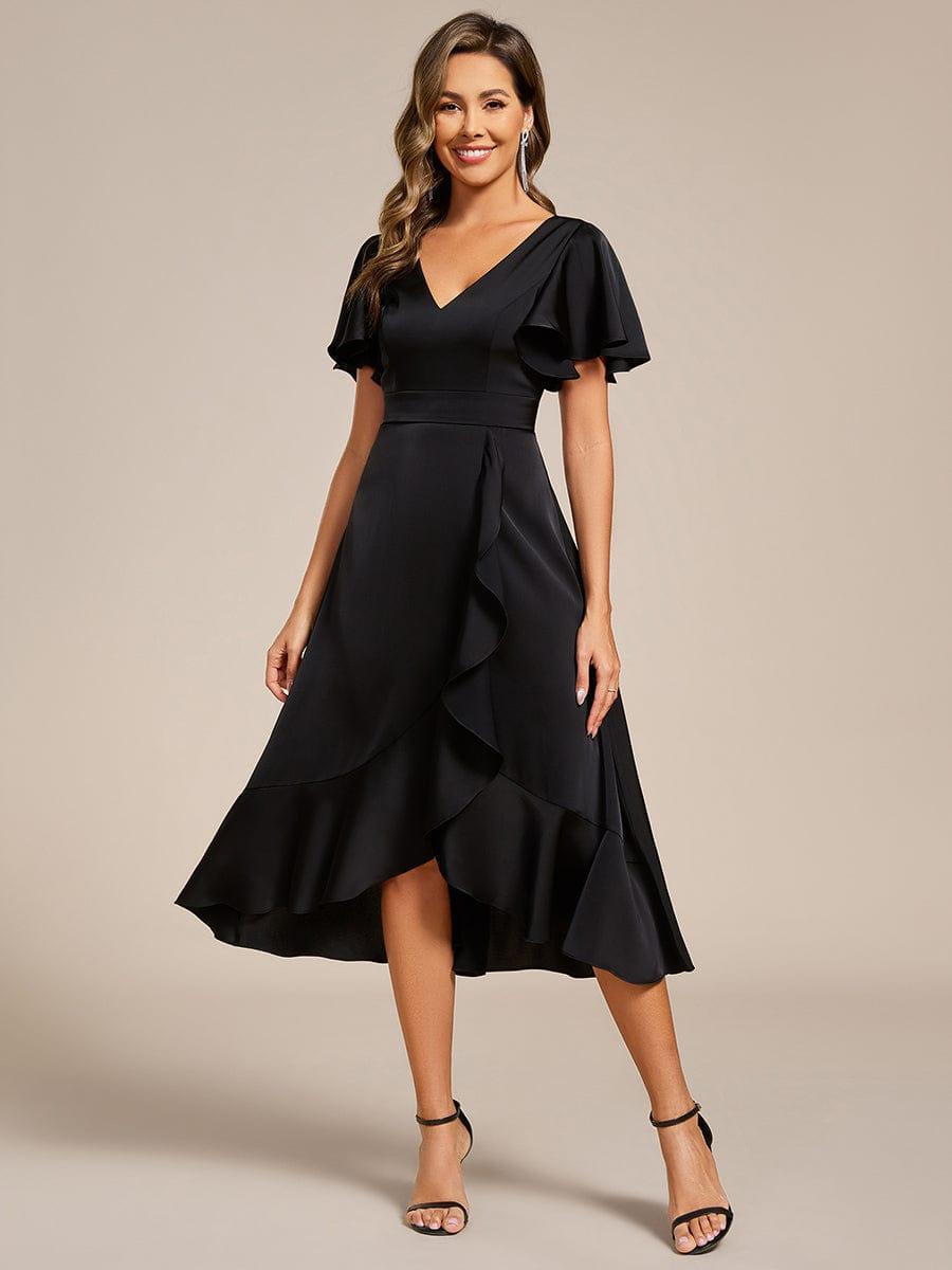 Fashionable V-Neck A-Line Satin Wedding Guest Dress with Ruffles