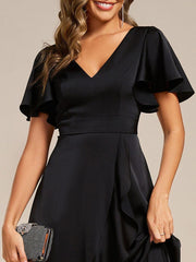 Fashionable V-Neck A-Line Satin Wedding Guest Dress with Ruffles