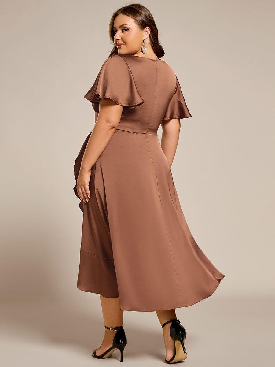 Gentle Plus Size A-Line Satin Midi Wedding Guest Dress with Short Sleeves