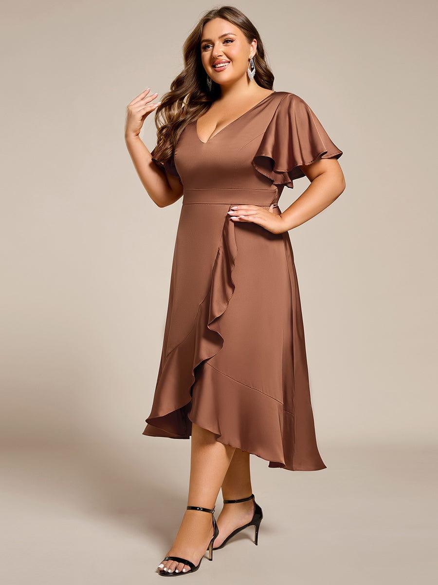 Gentle Plus Size A-Line Satin Midi Wedding Guest Dress with Short Sleeves
