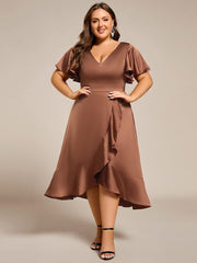 Gentle Plus Size A-Line Satin Midi Wedding Guest Dress with Short Sleeves