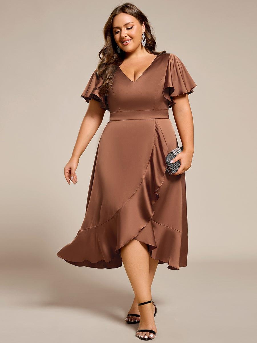 Gentle Plus Size A-Line Satin Midi Wedding Guest Dress with Short Sleeves