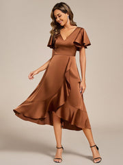 Fashionable V-Neck A-Line Satin Wedding Guest Dress with Ruffles