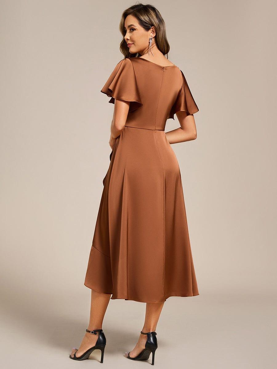 Fashionable V-Neck A-Line Satin Wedding Guest Dress with Ruffles
