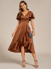 Fashionable V-Neck A-Line Satin Wedding Guest Dress with Ruffles