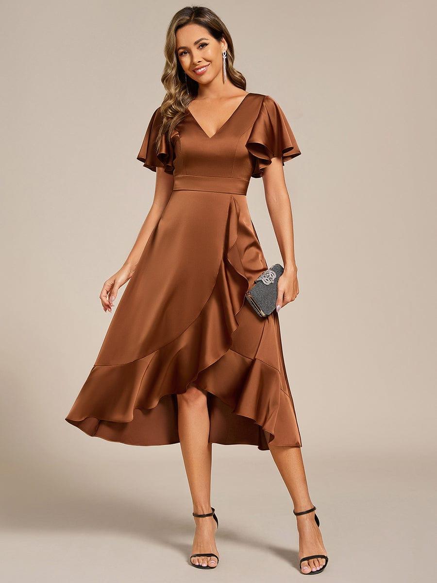 Fashionable V-Neck A-Line Satin Wedding Guest Dress with Ruffles