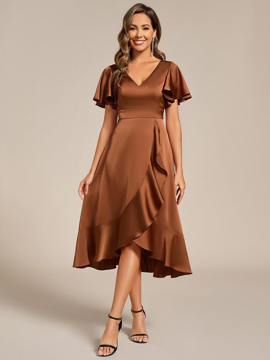 Fashionable V-Neck A-Line Satin Wedding Guest Dress with Ruffles