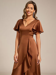 Fashionable V-Neck A-Line Satin Wedding Guest Dress with Ruffles
