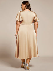 Fashionable V-Neck A-Line Satin Wedding Guest Dress with Ruffles