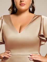 Fashionable V-Neck A-Line Satin Wedding Guest Dress with Ruffles