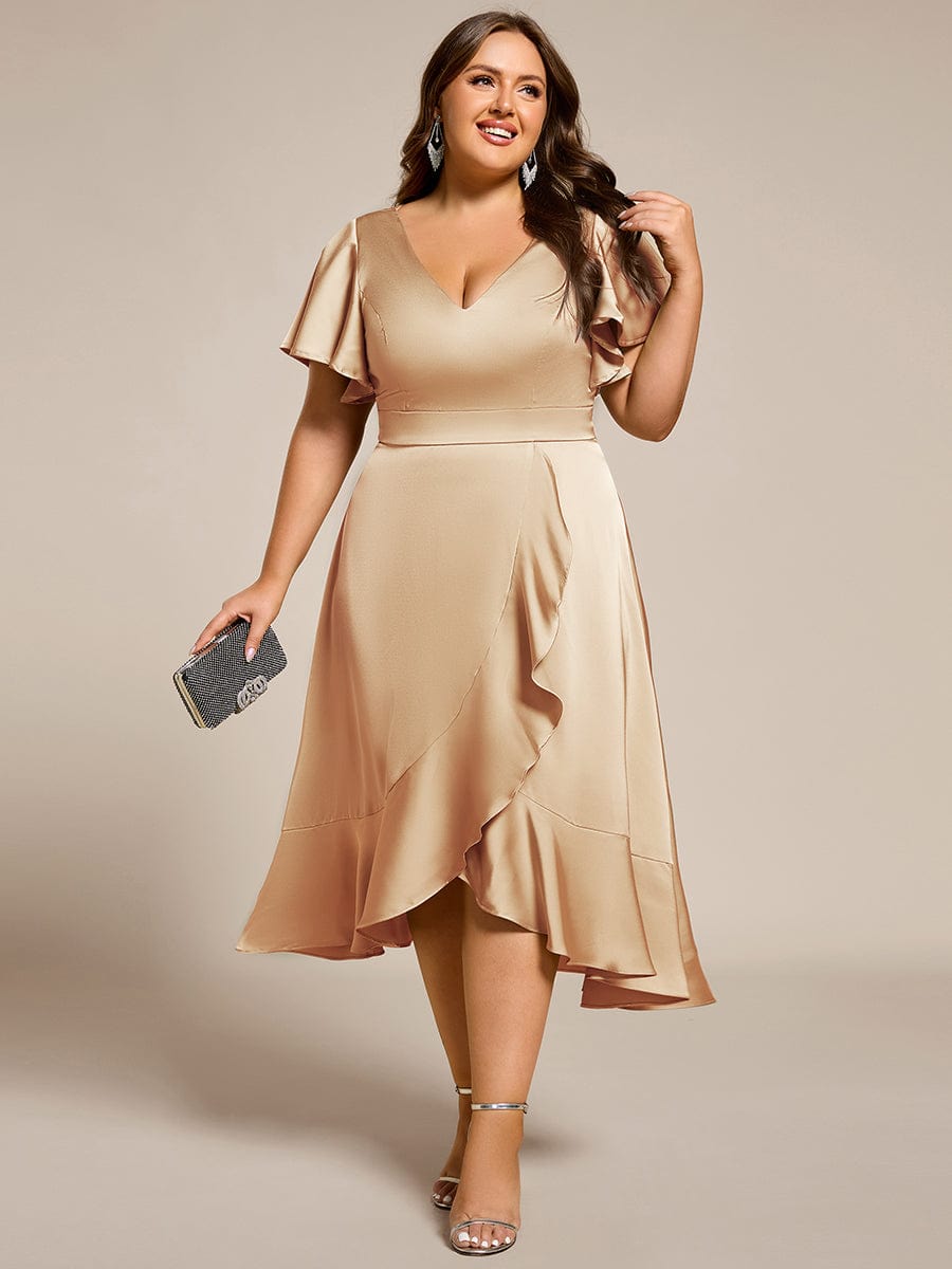 Fashionable V-Neck A-Line Satin Wedding Guest Dress with Ruffles