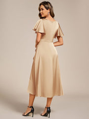 Fashionable V-Neck A-Line Satin Wedding Guest Dress with Ruffles