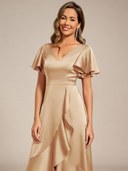Fashionable V-Neck A-Line Satin Wedding Guest Dress with Ruffles