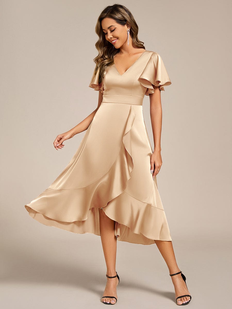 Fashionable V-Neck A-Line Satin Wedding Guest Dress with Ruffles