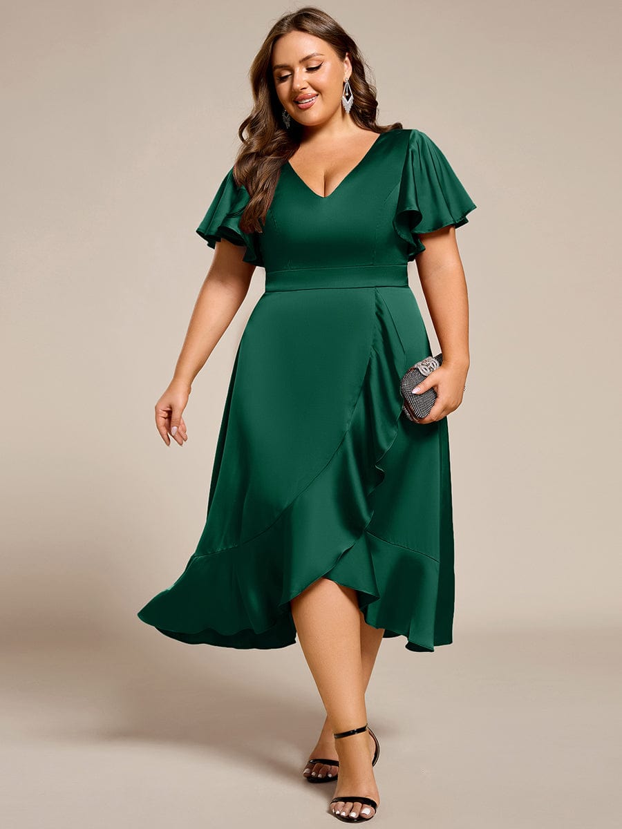 Fashionable V-Neck A-Line Satin Wedding Guest Dress with Ruffles