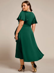 Fashionable V-Neck A-Line Satin Wedding Guest Dress with Ruffles