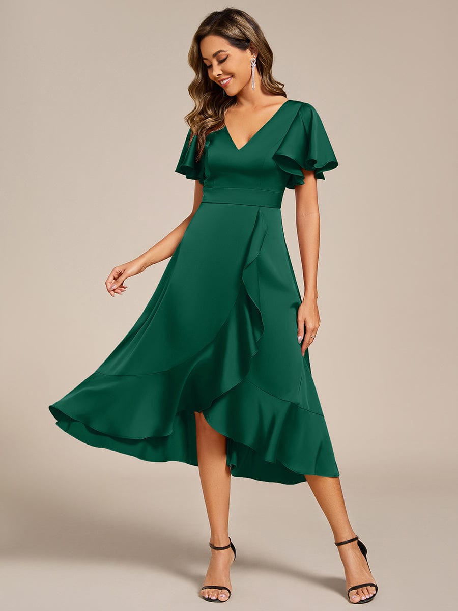 Fashionable V-Neck A-Line Satin Wedding Guest Dress with Ruffles