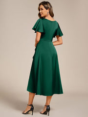 Fashionable V-Neck A-Line Satin Wedding Guest Dress with Ruffles