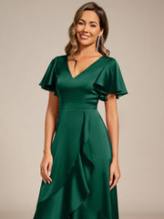 Fashionable V-Neck A-Line Satin Wedding Guest Dress with Ruffles