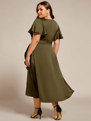 Fashionable V-Neck A-Line Satin Wedding Guest Dress with Ruffles