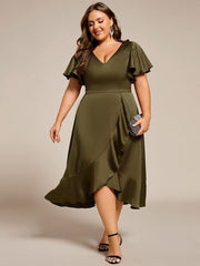 Fashionable V-Neck A-Line Satin Wedding Guest Dress with Ruffles