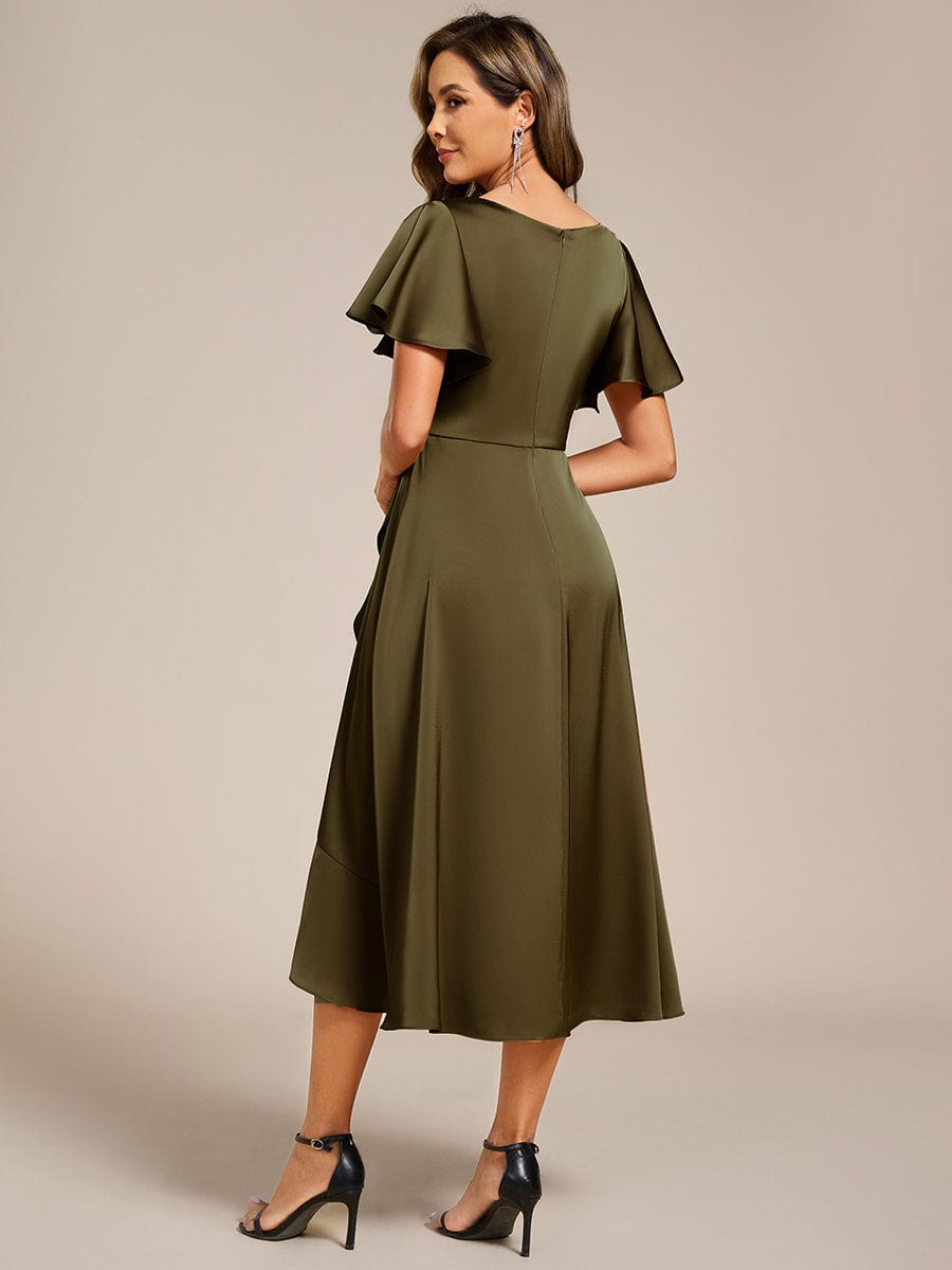 Fashionable V-Neck A-Line Satin Wedding Guest Dress with Ruffles