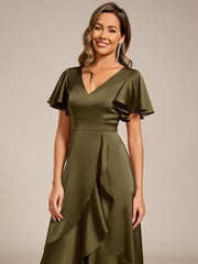 Fashionable V-Neck A-Line Satin Wedding Guest Dress with Ruffles