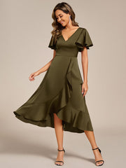 Fashionable V-Neck A-Line Satin Wedding Guest Dress with Ruffles