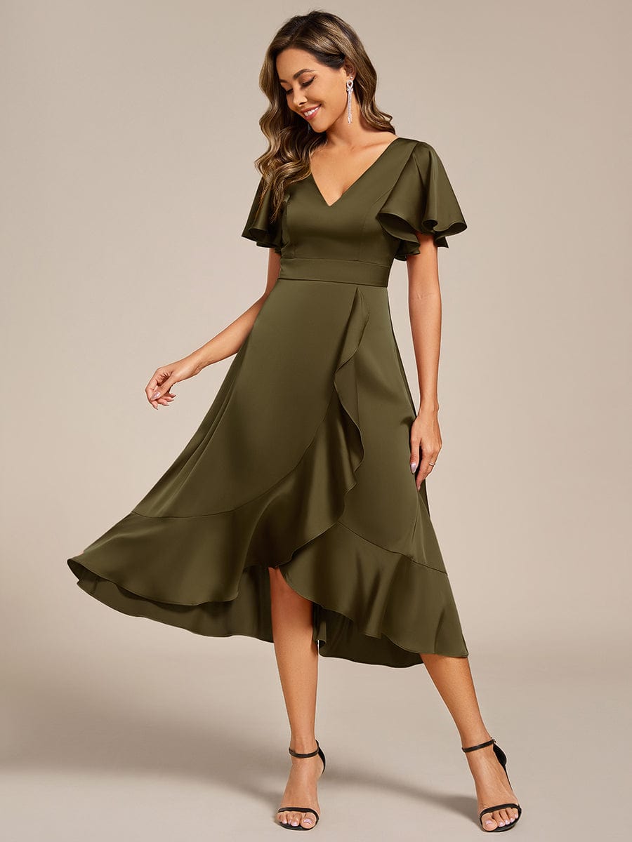 Fashionable V-Neck A-Line Satin Wedding Guest Dress with Ruffles
