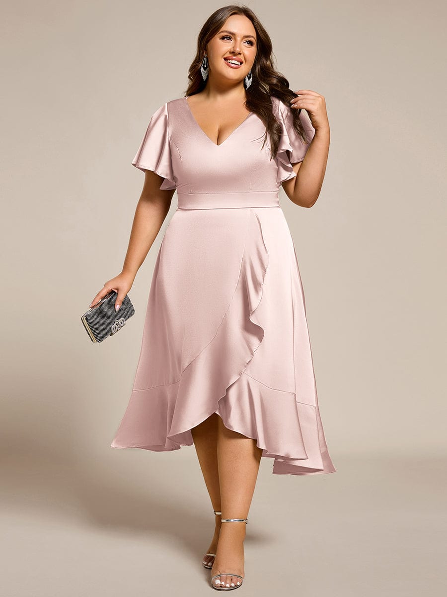 Fashionable V-Neck A-Line Satin Wedding Guest Dress with Ruffles