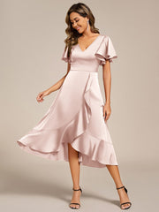 Fashionable V-Neck A-Line Satin Wedding Guest Dress with Ruffles