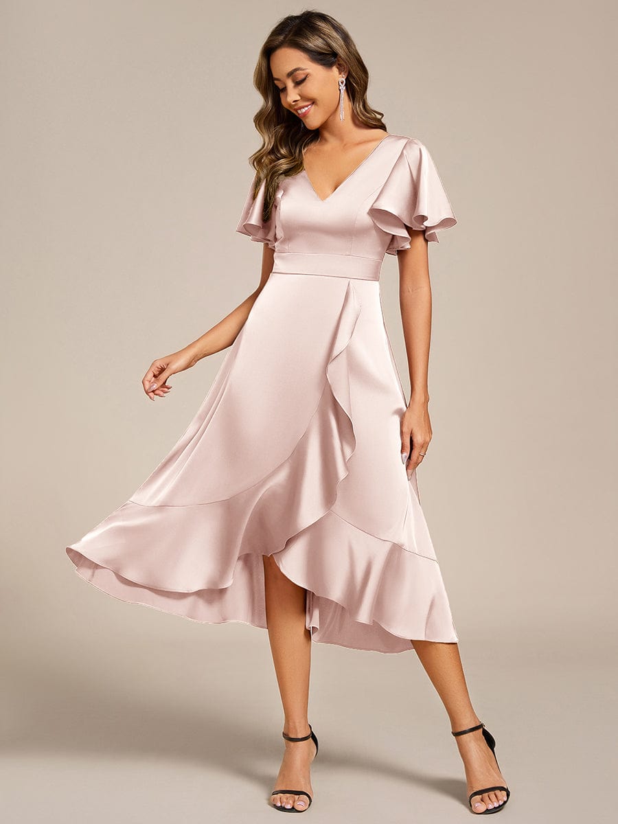 Fashionable V-Neck A-Line Satin Wedding Guest Dress with Ruffles