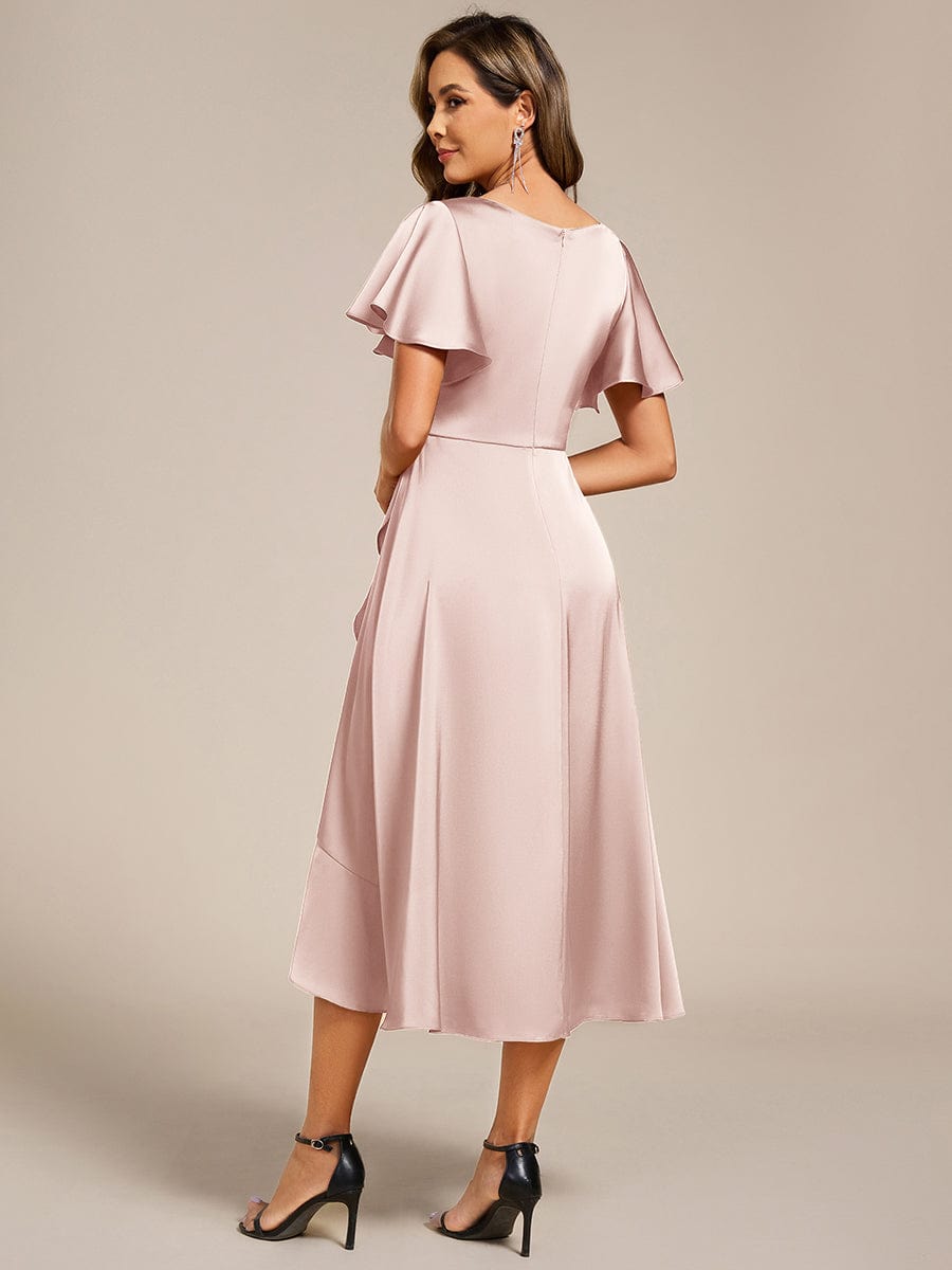 Fashionable V-Neck A-Line Satin Wedding Guest Dress with Ruffles