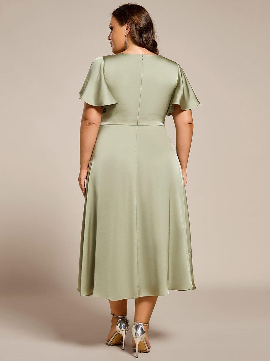Gentle Plus Size A-Line Satin Midi Wedding Guest Dress with Short Sleeves