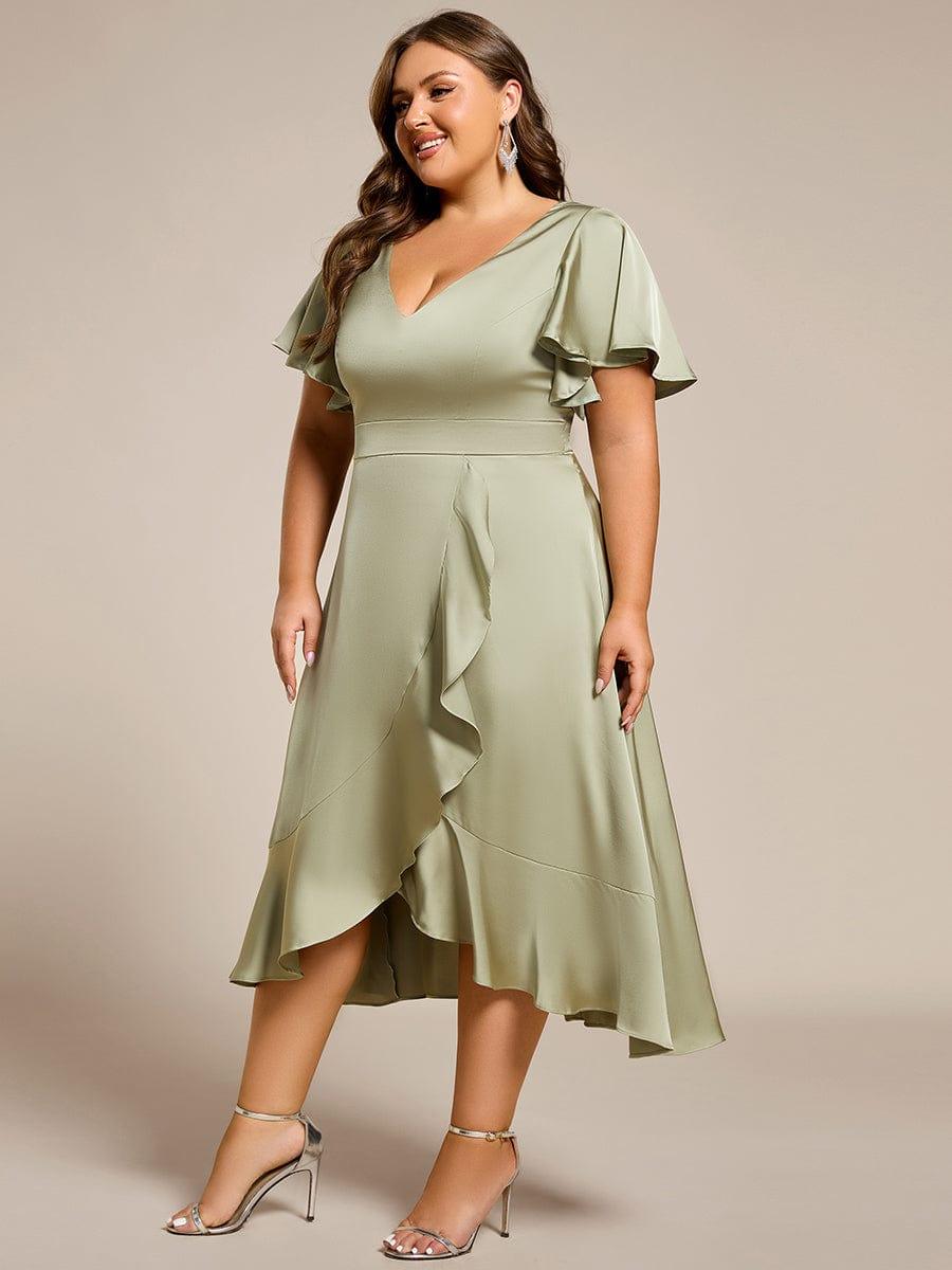 Gentle Plus Size A-Line Satin Midi Wedding Guest Dress with Short Sleeves