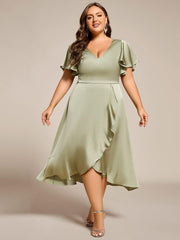 Fashionable V-Neck A-Line Satin Wedding Guest Dress with Ruffles