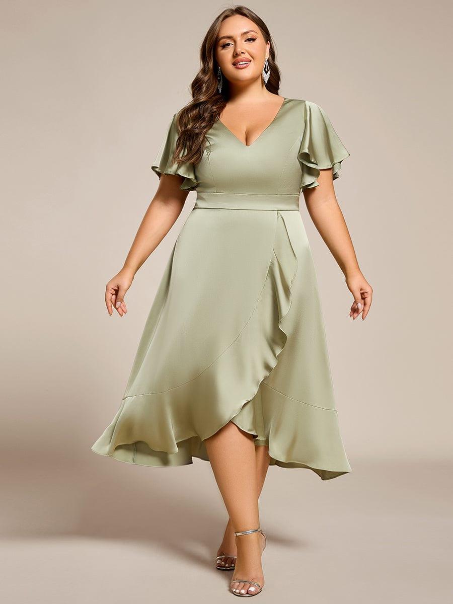 Gentle Plus Size A-Line Satin Midi Wedding Guest Dress with Short Sleeves