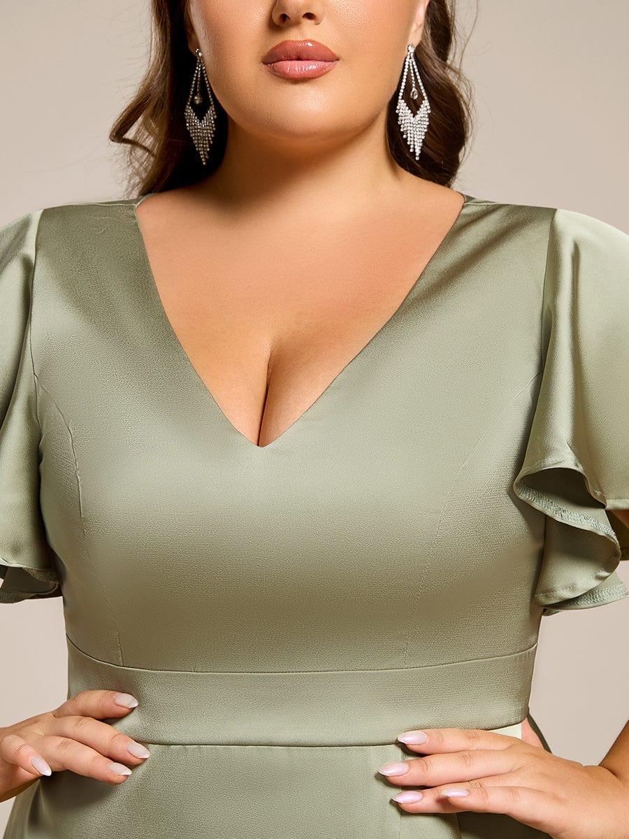 Gentle Plus Size A-Line Satin Midi Wedding Guest Dress with Short Sleeves