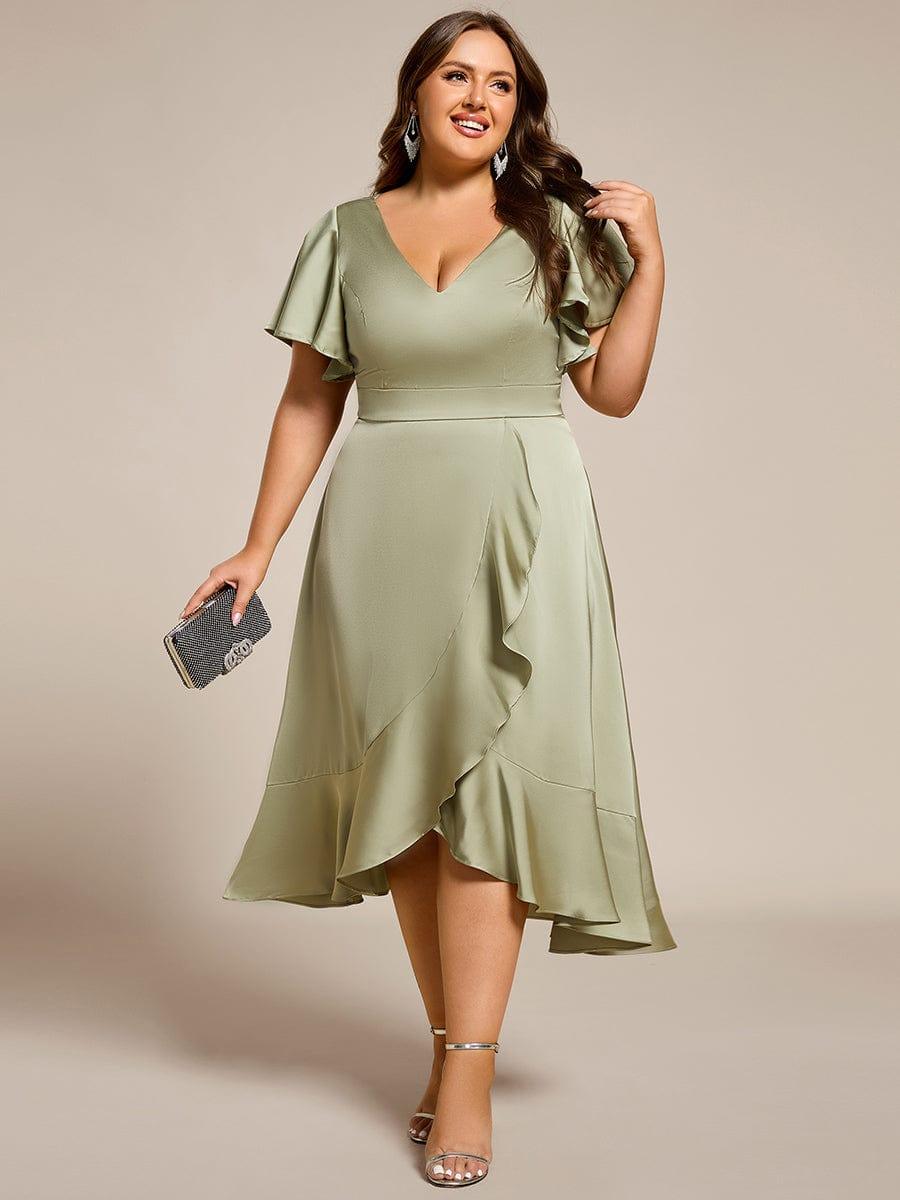 Gentle Plus Size A-Line Satin Midi Wedding Guest Dress with Short Sleeves